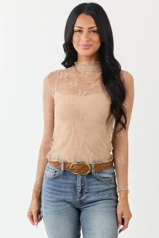 Beige Floral Lace Mesh Long Sleeve Top - Metamorphosis Girl