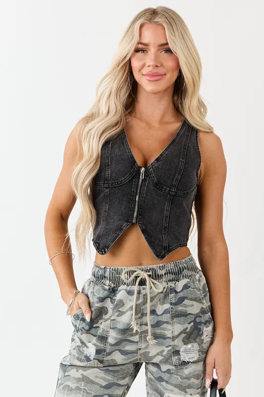 Black Zip Up V Neck Denim Vest - Metamorphosis Girl
