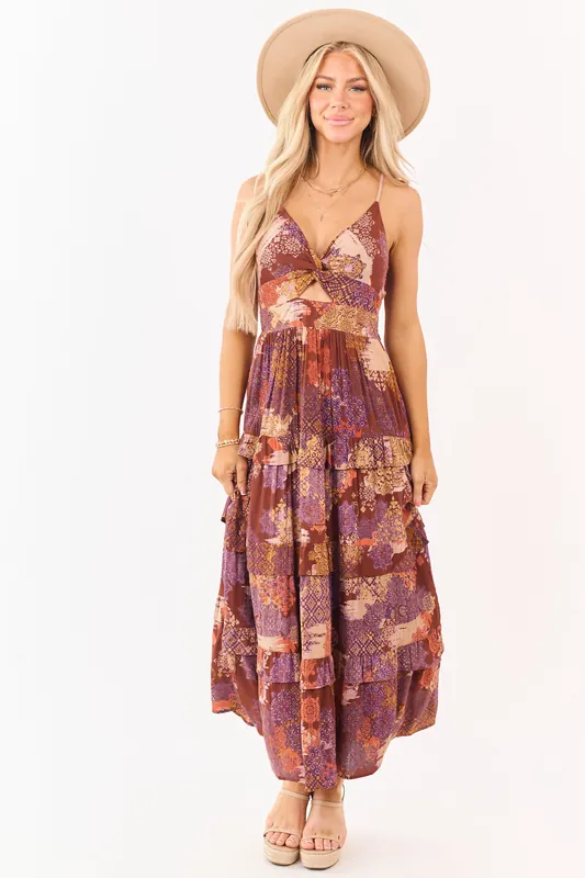 Spice Boho Patchwork Bust Twist Tiered Midi Dress - ANGIE