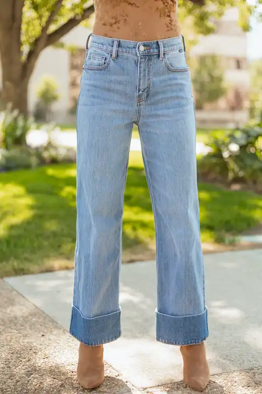Cello Light Wash Wide Leg Cuffed Hem Jeans - Cello Jeans