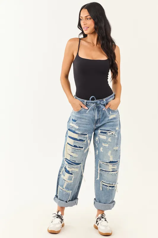 Cello Medium Wash Heavy Distressed Barrel Jeans - Cello Jeans