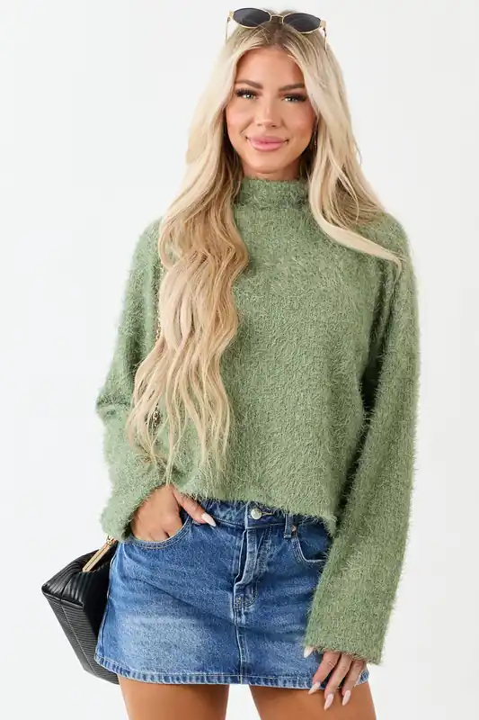 Light Juniper Turtleneck Fuzzy Knit Sweater - Saints and Hearts