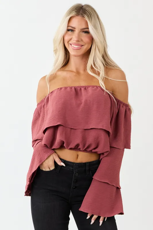 Rich Marsala Off Shoulder Tiered Sleeve Blouse - Saints and Hearts