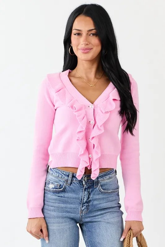 Baby Pink Ruffled Button Up Cotton Knit Cardigan - Privy