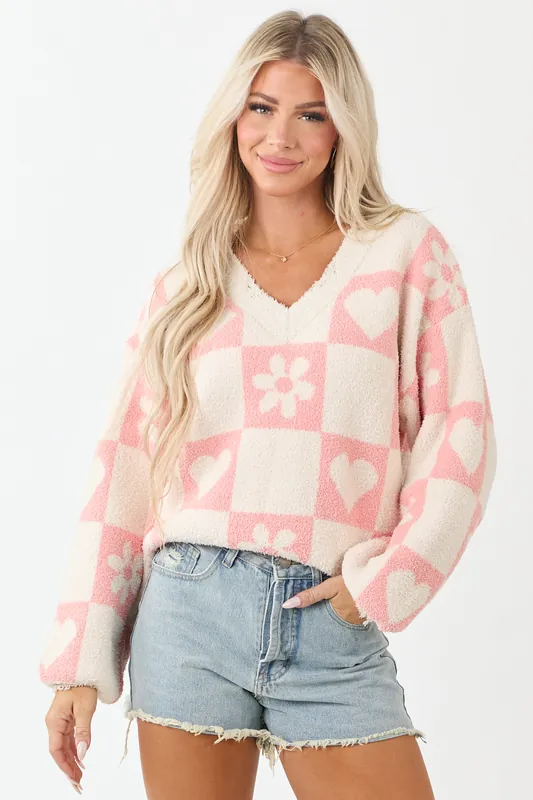 POL Cream and Coral Checkered V Neck Knit Sweater - POL Clothing