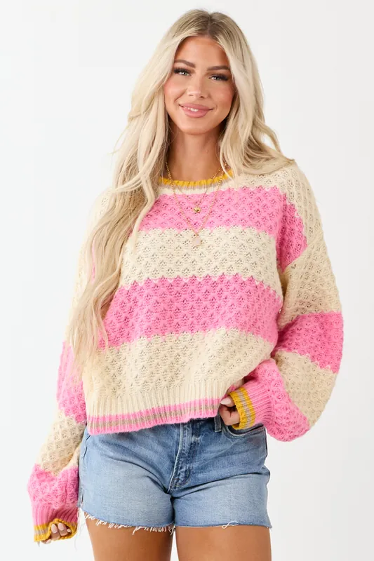 POL Bubblegum and Cream Striped Cable Knit Sweater - POL Clothing