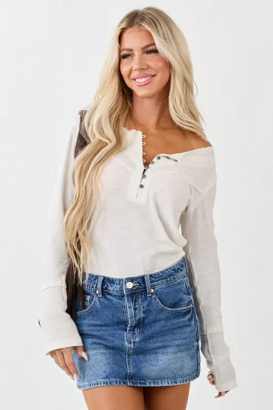 POL Ivory Half Button Down Lace Detail Top - POL Clothing