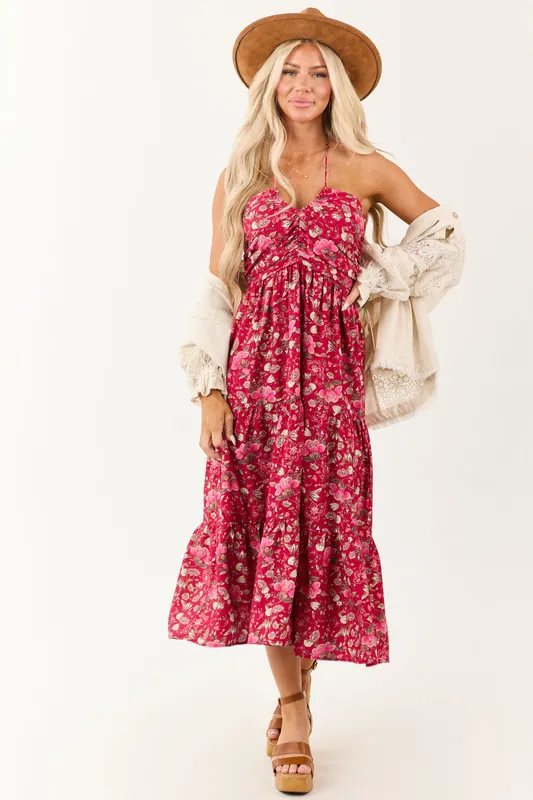 Hibiscus Floral Print Halter Tie Neck Midi Dress - Day + Moon