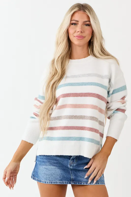 Off White Striped Long Sleeve Knit Sweater - LA Miel