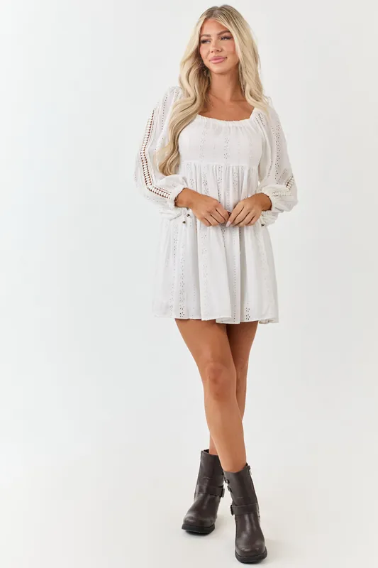 White Floral Eyelet 3/4 Puff Sleeve Mini Dress - ANGIE