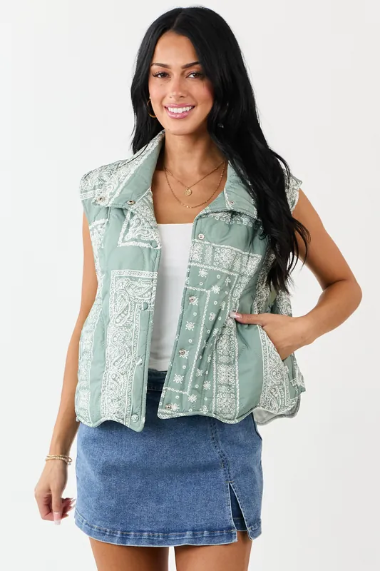 Sage Bandana Print Quilted Button Down Vest - Umgee