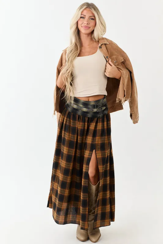 Caramel Plaid Contrast Belt Waist Maxi Skirt - Promesa