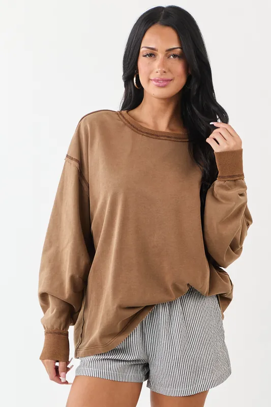 Sepia Relaxed Long Raglan Sleeve Crew Neck Top - Umgee