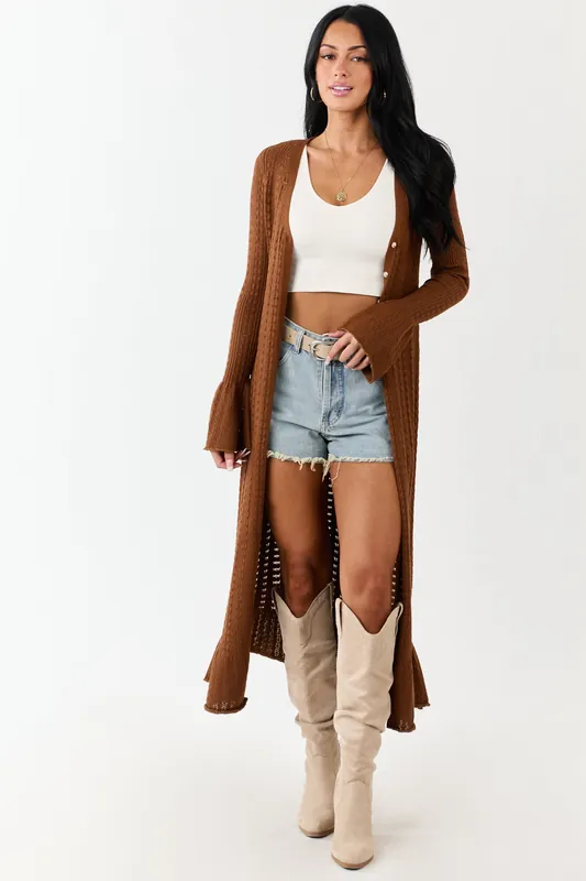 Sepia Button Down Long Sleeve Duster Cardigan - Promesa