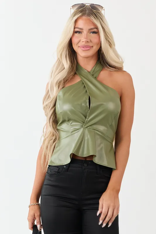 Olive Faux Leather Halter Neck Peplum Top - Day + Moon