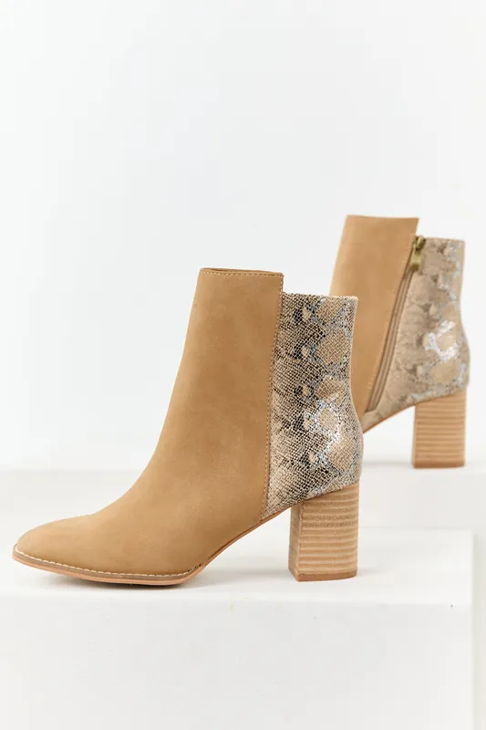 Peanut Faux Snakeskin Contrast Block Heel Booties - CCOCCI