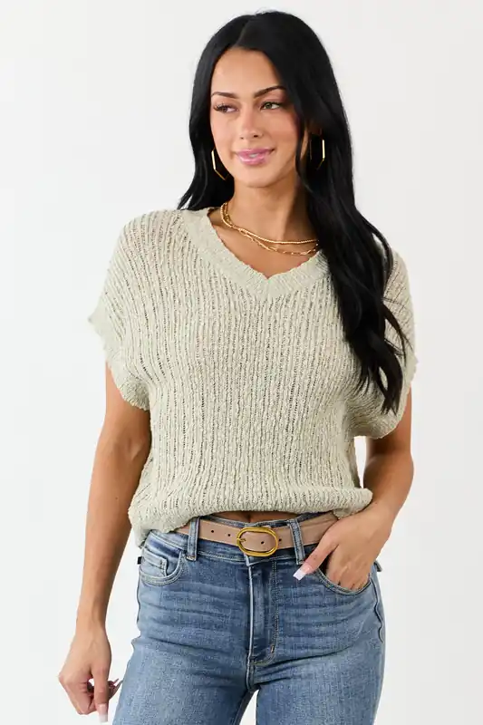 Sage V Neck Short Sleeve Cotton Sweater Top - Final Touch