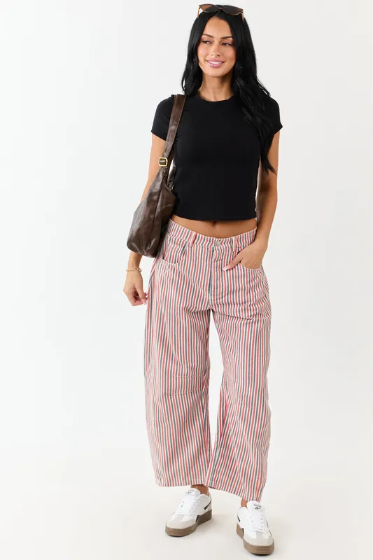 Steel Blue and Ruby Striped Barrel Cropped Pants - eesome