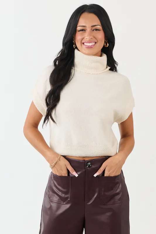 Cream Turtleneck Cap Sleeve Wool Blend Knit Top - HYFVE