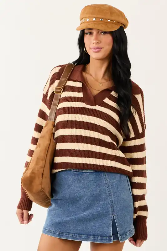 Cream and Cocoa Striped Collared Sweater - Promesa