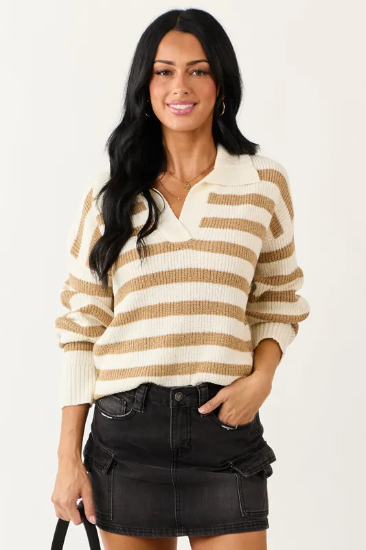 Cream and Sand Striped Collared Sweater - Promesa