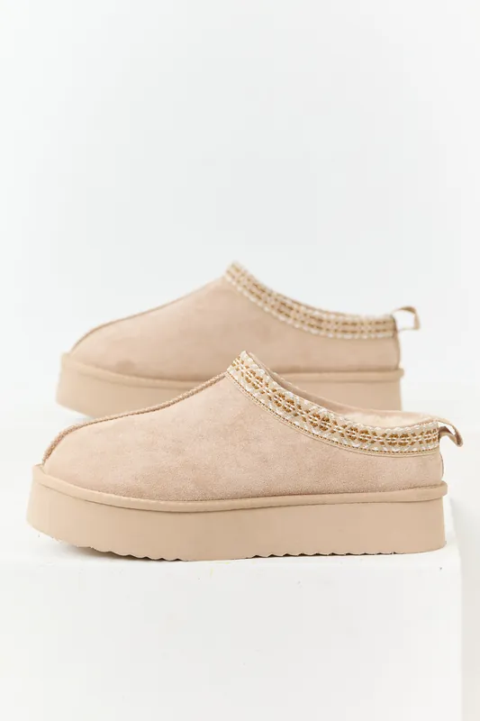 Desert Sand Faux Suede Fur Lined Platform Slippers - FORTUNE DYNAMIC