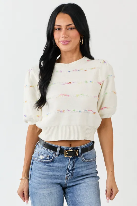 Cream Textured Stripe Detail Half Sleeve Sweater Top - Able