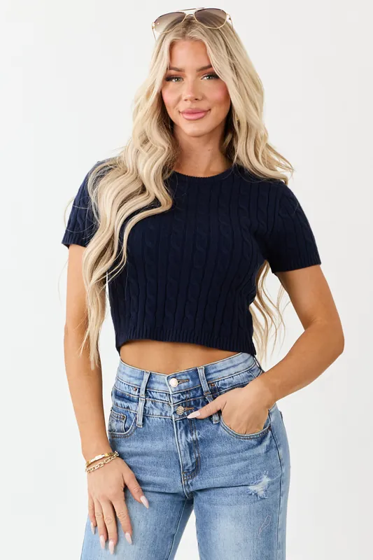 Navy Round Neck Short Sleeve Cable Knit Top - LE LIS