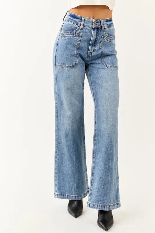 Saige Medium Tummy Control Double Pocket Wide Jeans - Saige Denim