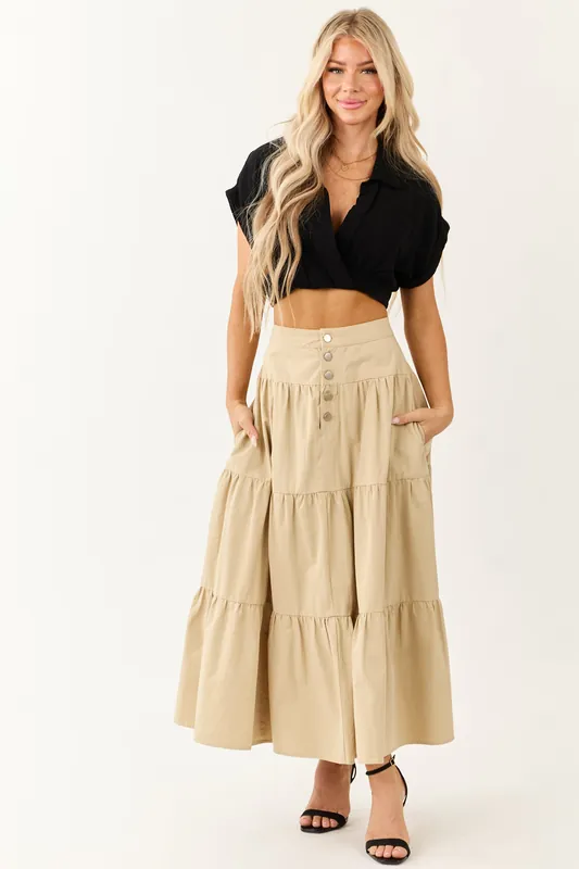 Sand Button Fly Tiered Cotton Maxi Skirt - Final Touch