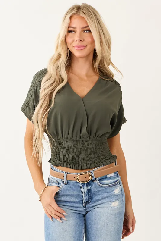 Army Green V Neck Smocked Surplice Top - Final Touch