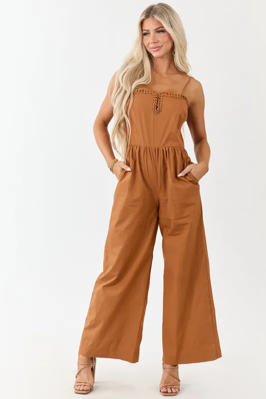 Sandstone Braided Notch Neck Wide Leg Cotton Jumpsuit - Heyson