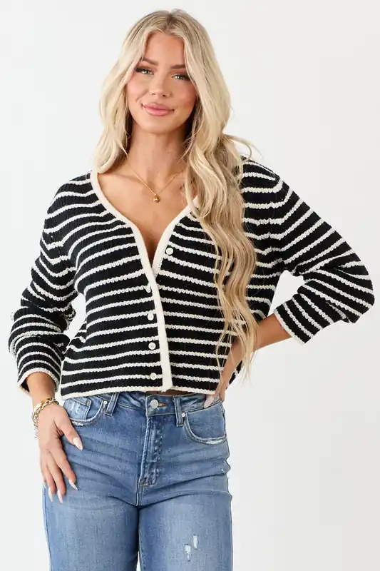 Black and Ivory Striped Button Down Knit Cardigan - Heyson