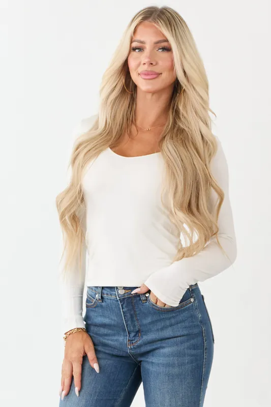 Ivory Scoop Neck Long Sleeve Knit Top - Wasabi+Mint
