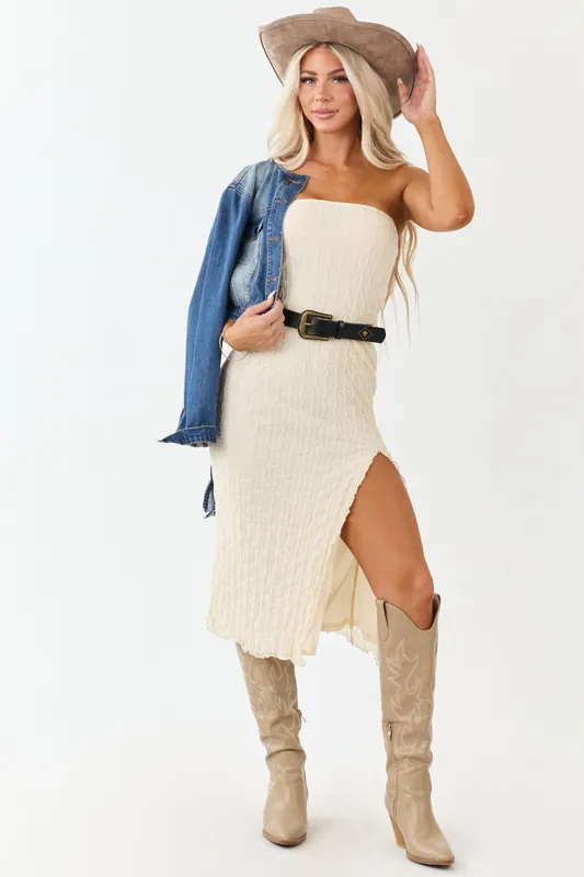 Cream Wavy Textured Mesh Strapless Midi Dress - HYFVE