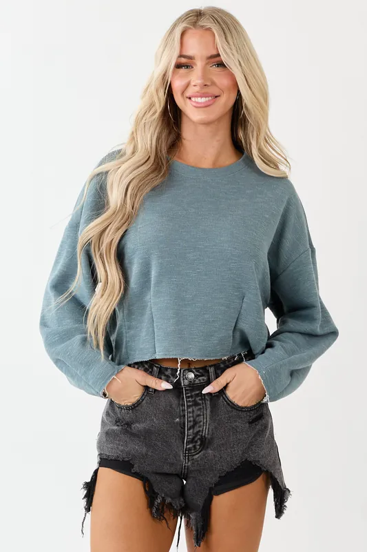 Teal Pulled Seam Relaxed Sweatshirt Style Top - Wasabi+Mint