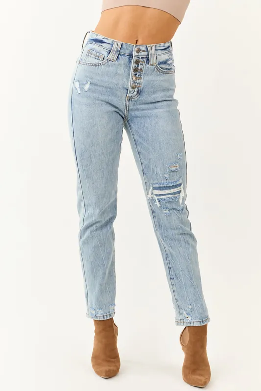 Saige Light Wash Slim Straight Tummy Control Jeans - Saige Denim