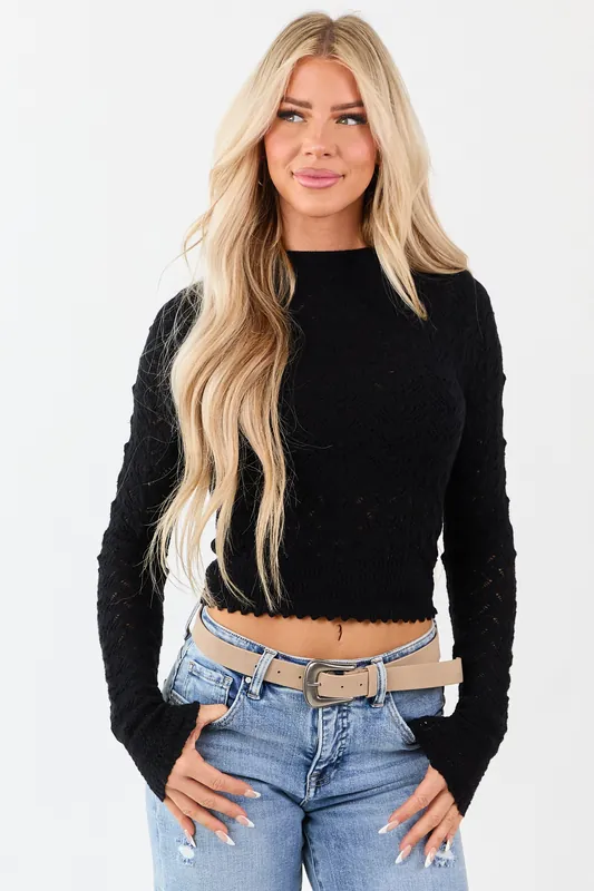 Black Textured Pointelle Knit Sweater - HYFVE