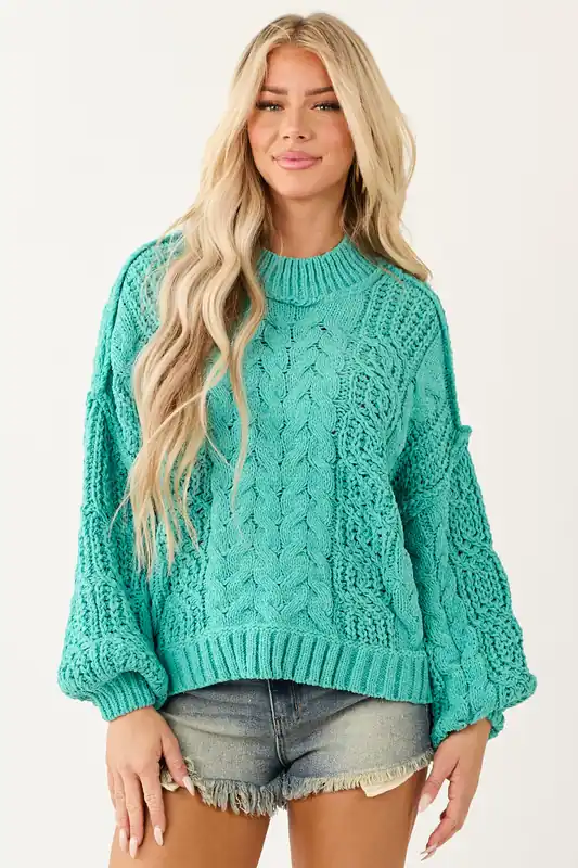 POL Teal Mock Neck Bubble Sleeve Cable Knit Sweater - POL Clothing