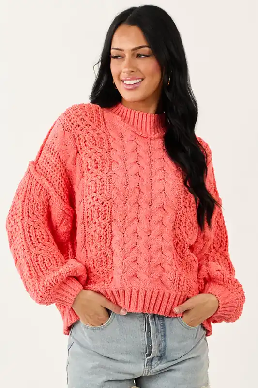 POL Coral Mock Neck Bubble Sleeve Cable Knit Sweater - POL Clothing