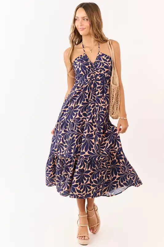 Apricot Botanical Abstract Print Halter Maxi Dress - Day + Moon