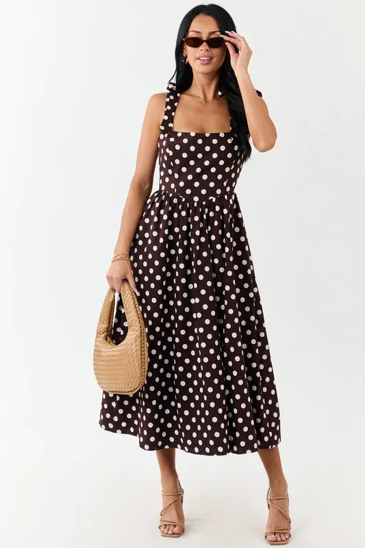 Chocolate Polka Dot Tie Strap Cotton Midi Dress - Day + Moon