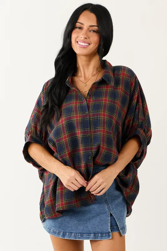 Navy Blue Plaid Button Up Dolman Sleeve Top - Day + Moon