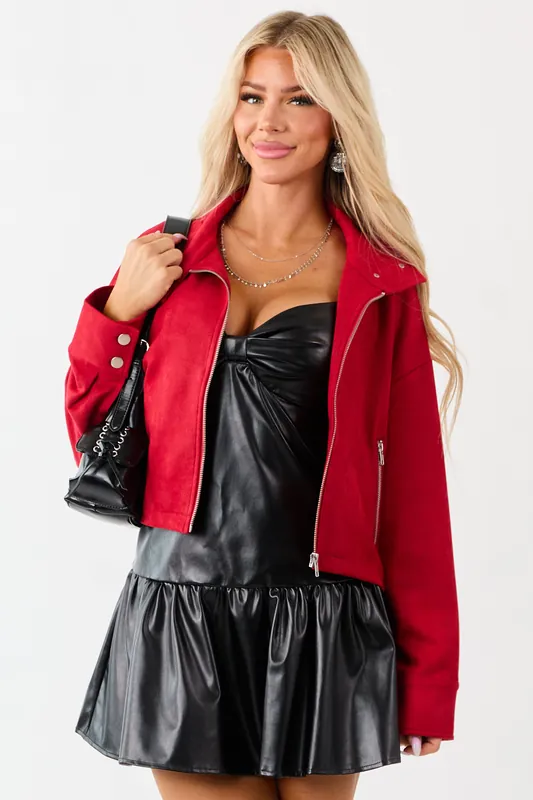 Crimson Faux Suede Long Sleeve Zip Up Jacket - LE LIS
