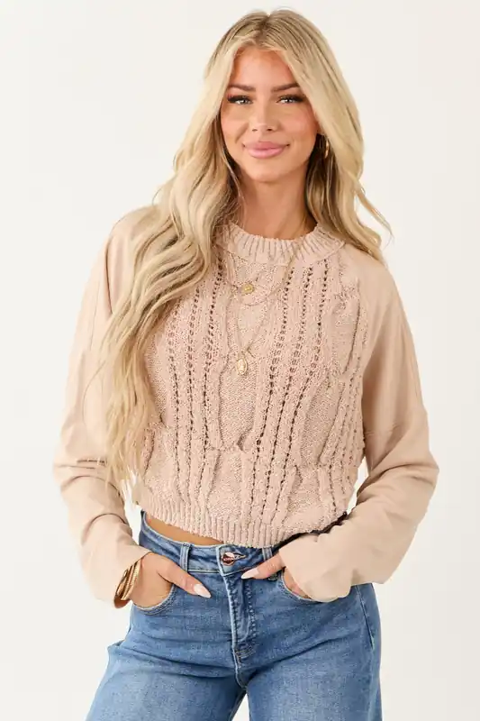 Dusty Blush Contrast Sleeve French Terry Knit Sweater - IDEM DITTO
