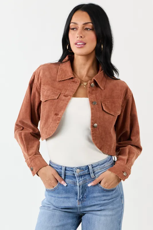 Chestnut Washed Corduroy Button Down Crop Jacket - IDEM DITTO