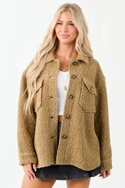 Lovelo Camel Textured Wool Blend Button Up Jacket - GeeGee