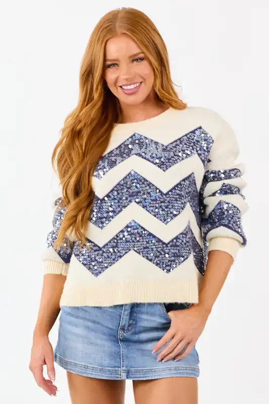 Cream and Navy Chevron Sequined Knit Sweater - IDEM DITTO