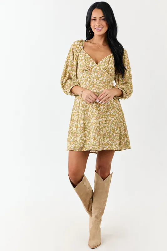 Lovelo Pistachio Floral 3/4 Bubble Sleeve Mini Dress - GeeGee