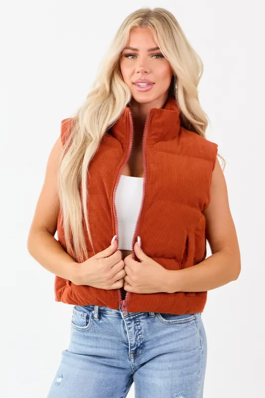 Lovelo Pumpkin Spice Corduroy Zip Up Puffer Vest - GeeGee
